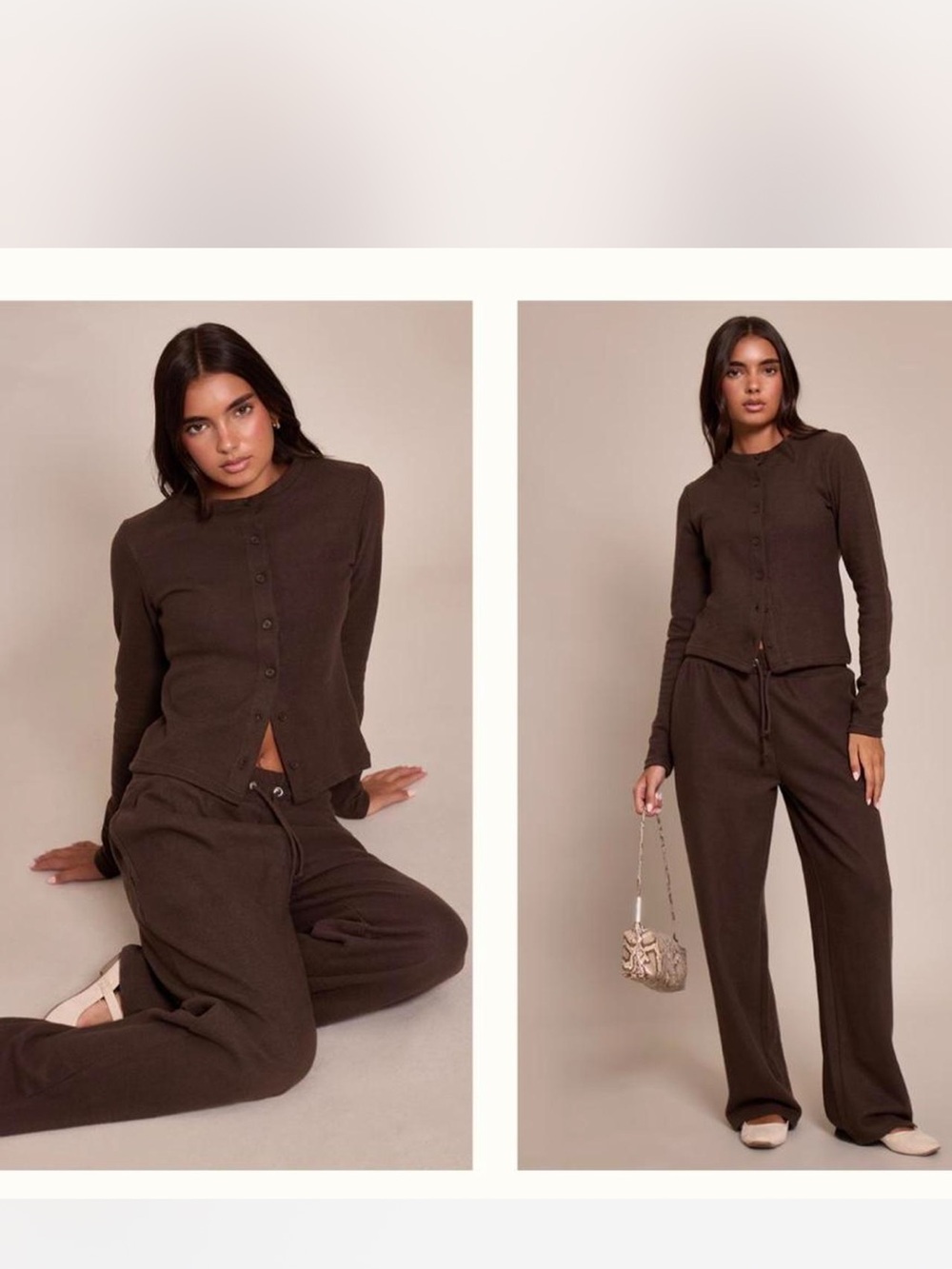 Womens Brown Knit Button Cardigan & Wide-Leg Pant Set